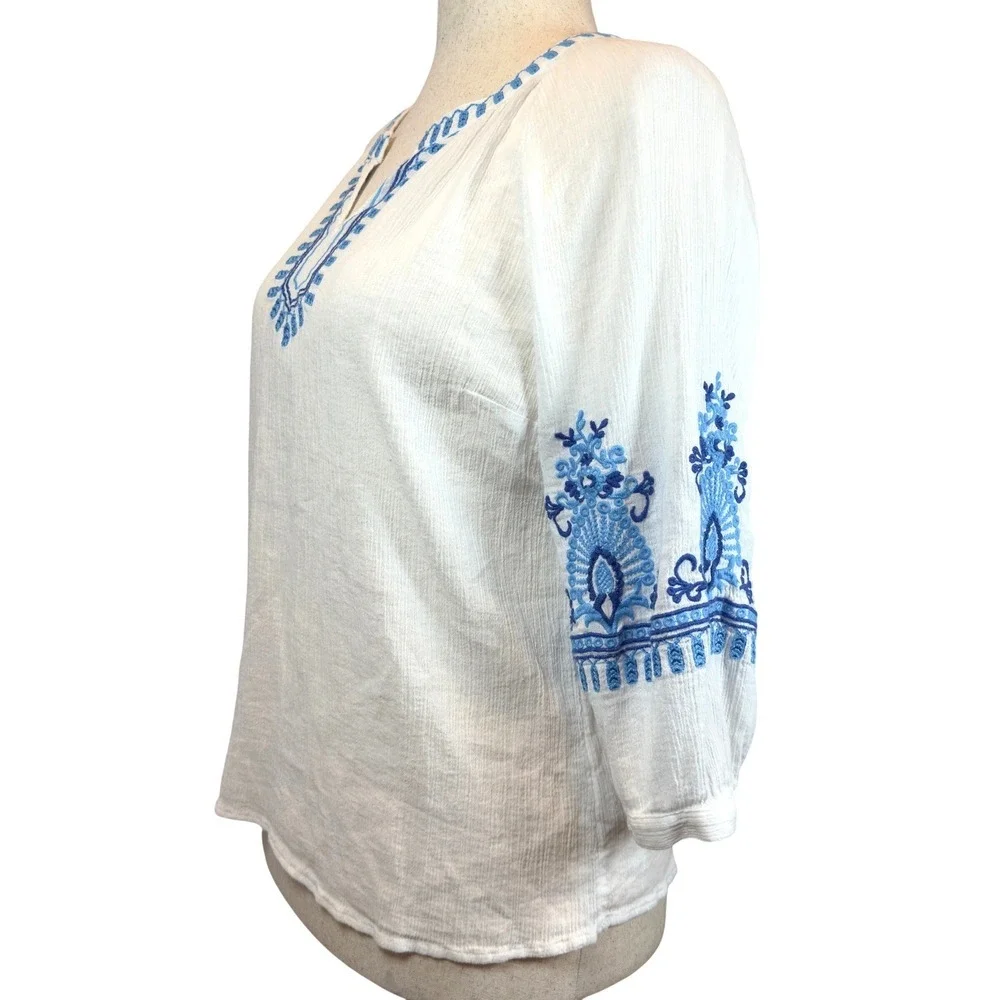 Talbots Gauze Cotton Embroidered Blouse White Blue Boho Peasant Cottagecore PM - Picture 3 of 8
